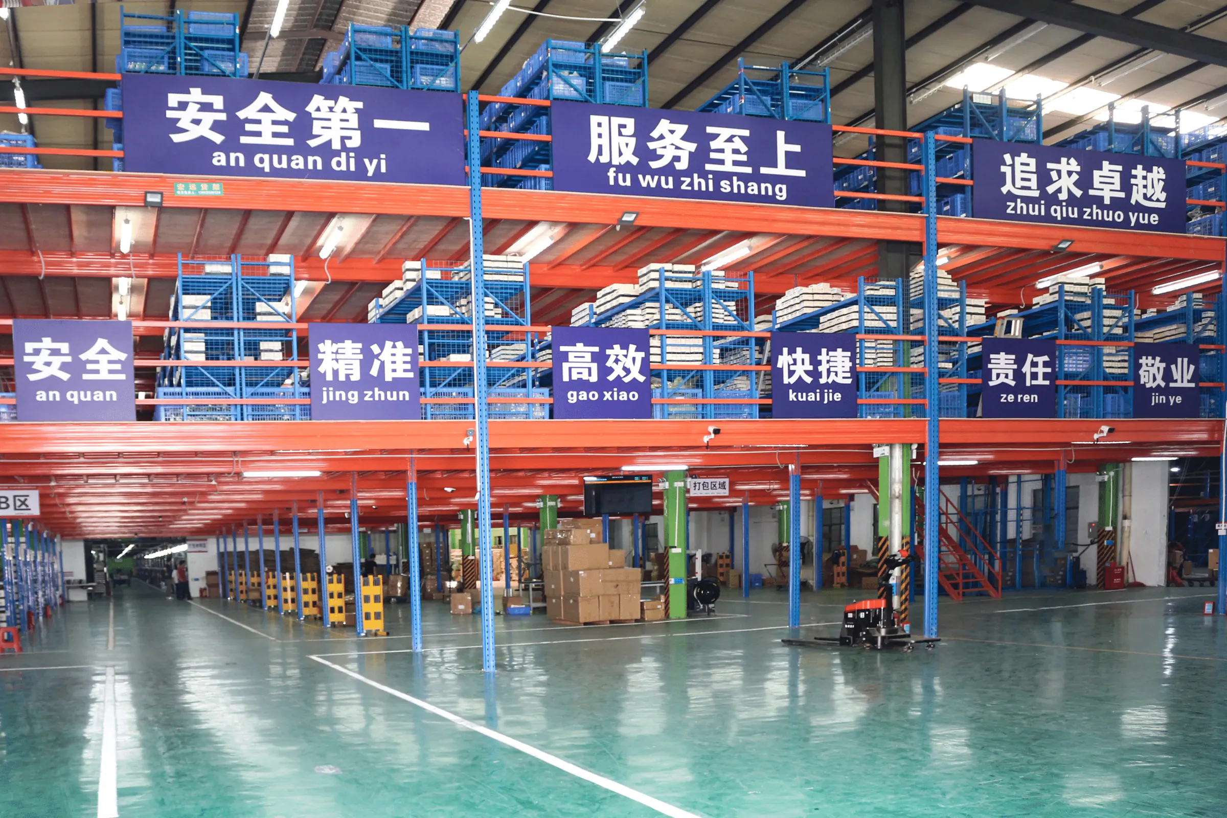 Warehouse interior with high-level racking and packed auto parts