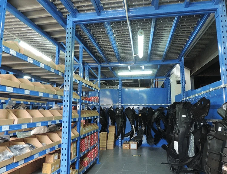 Warehouse mezzanine with automotive parts